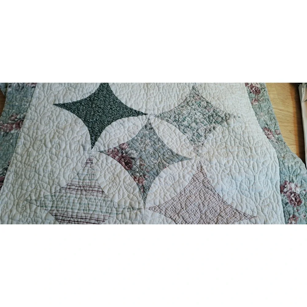 Vintage Quilted Floral Pillow Sham Cream Pink Green Cottagecore  2pc shabby Chic